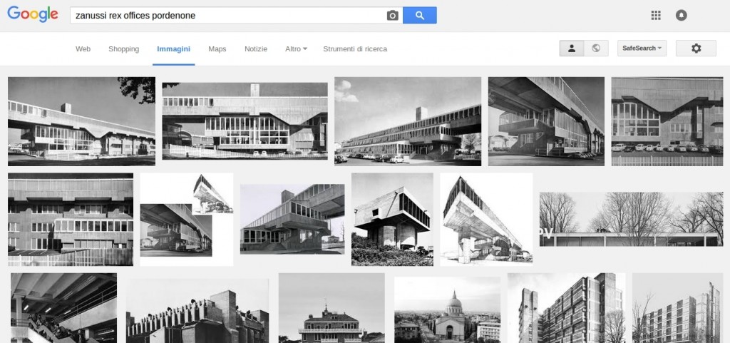(Screenshot della ricerca Google degli uffici Zanussi-Rex a Pordenone in Piemonte, il progetto è di Gino Valle, 1959-61)