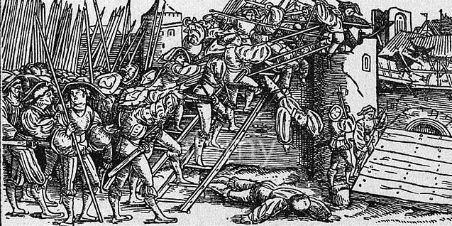 BHN9YJ events, German Peasants' War 1524 - 1526, assault on a castle, contemporary woodcut, landsknechts, mercenaries, uprising, revolt